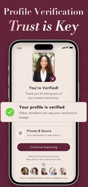 Illustrative Elite Singles app screen showing the profile-verification step, referenced for layout only