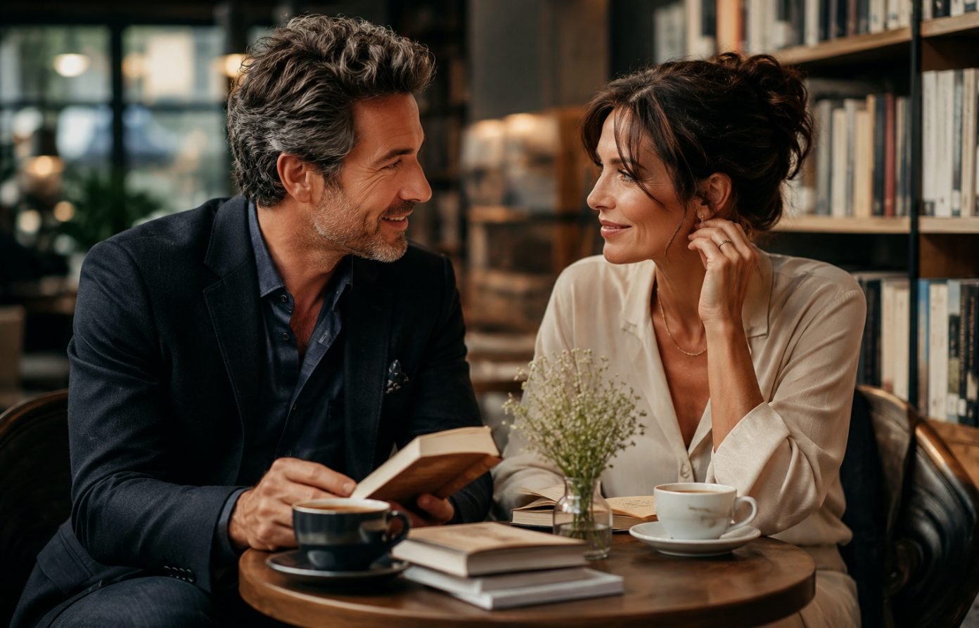 Professional man and woman sharing coffee and conversation at a café table surrounded by books