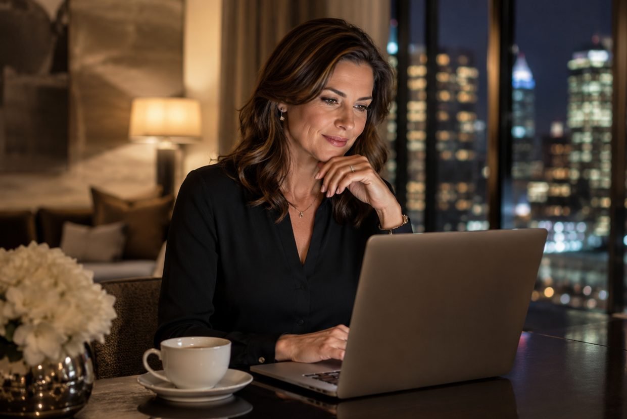 Woman reviewing her dating profile on a laptop in the evening