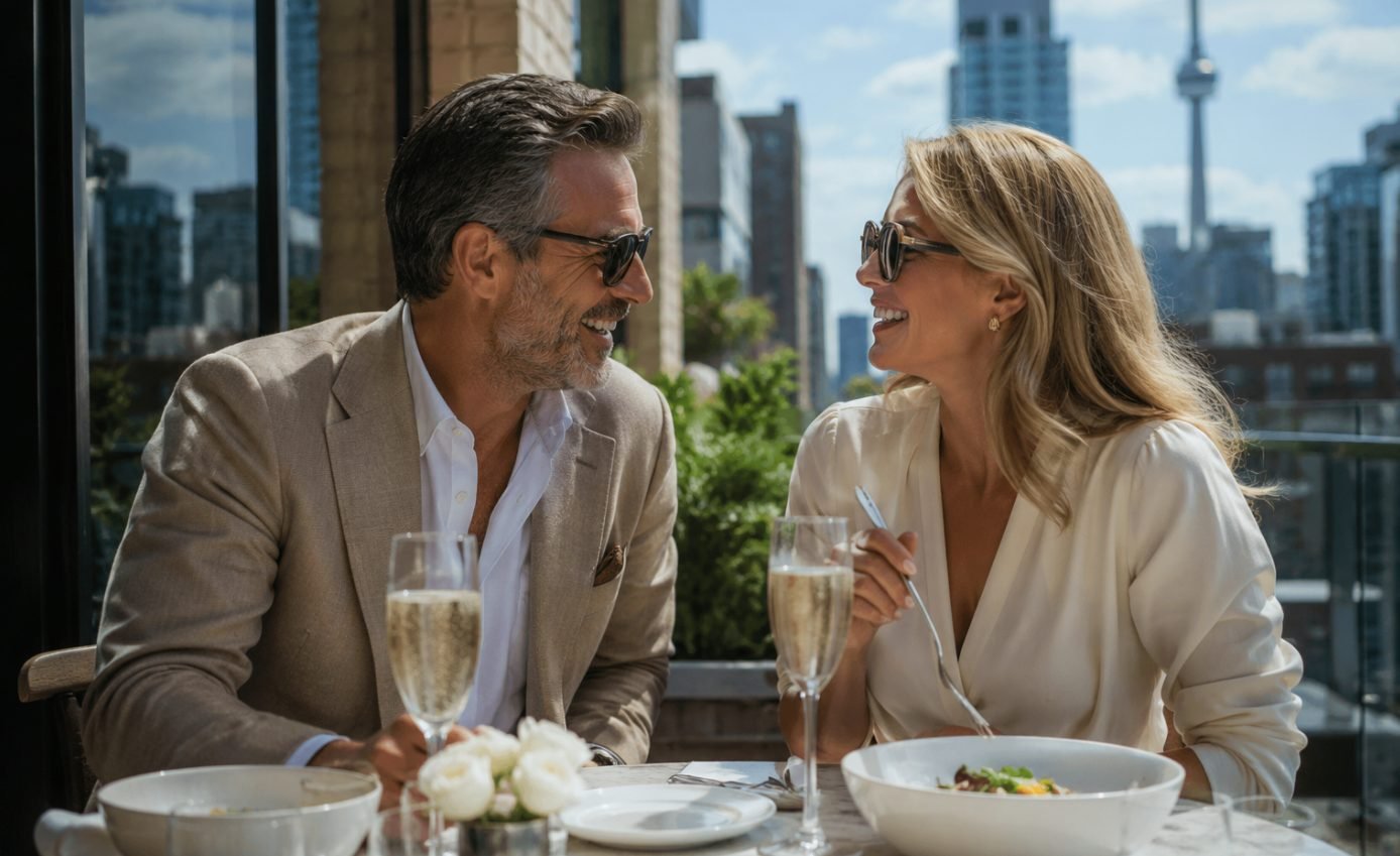 Couple sharing a rooftop meal overlooking the Toronto skyline and CN Tower