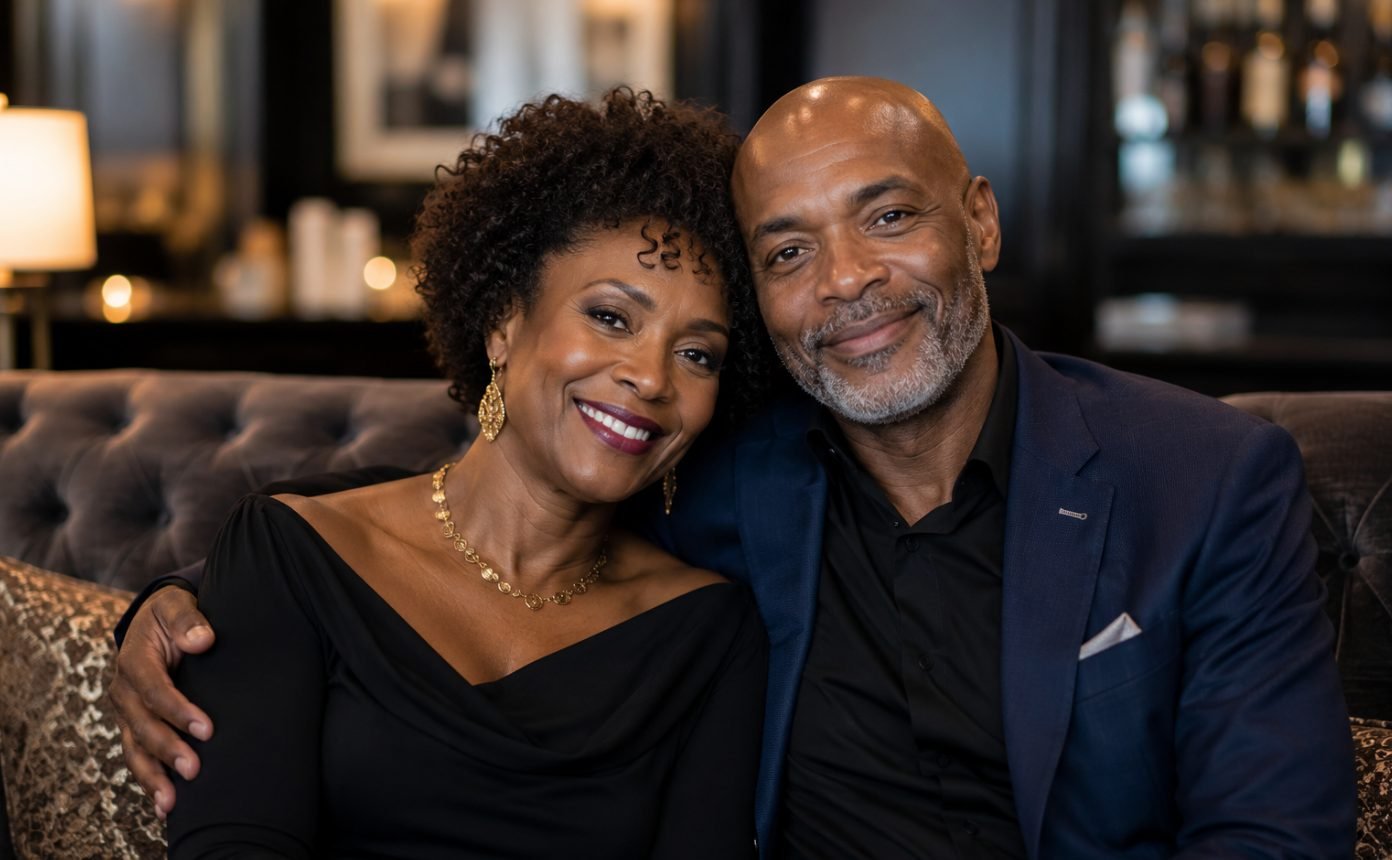 Well-dressed man and woman smiling together on a lounge sofa