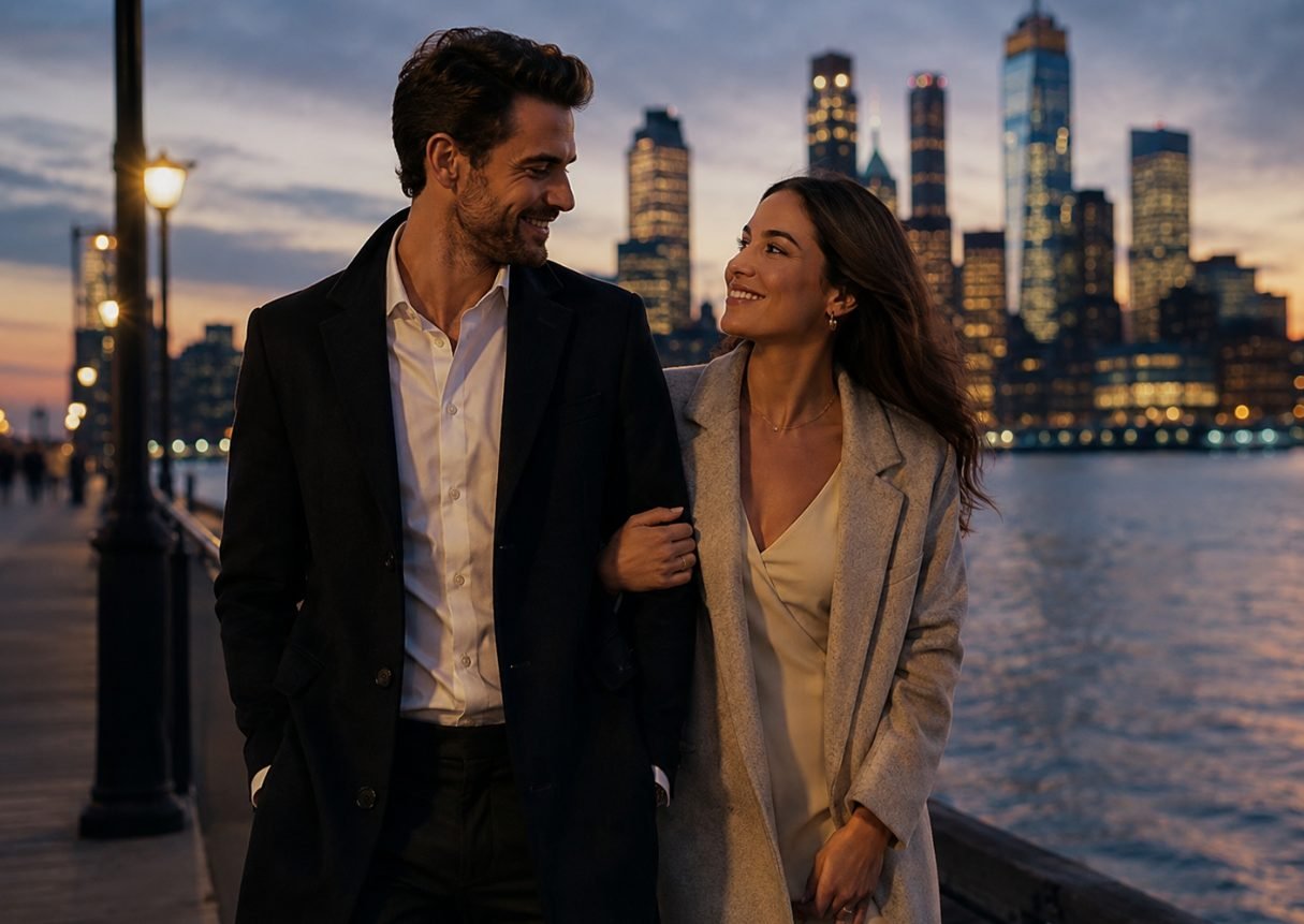 Couple walking along a waterfront promenade at dusk with the city skyline behind them